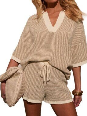 Cozy Women's 2-Piece Crochet Sweater Set, V-Neck Knit Top & High-Waisted Shorts